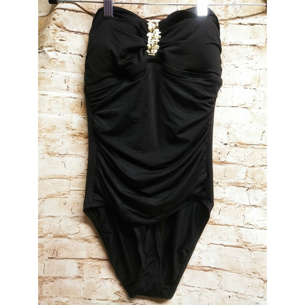 Chaps Women's Swimsuit Size 8One Piece Embellished Stones Halter Tie Neck Black